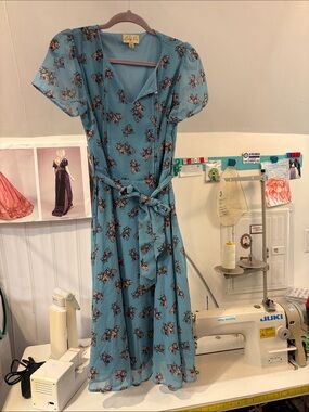 Lindy Bop Baby Blue 1930s Style Kitten Print Tie-Waist Midi Dress